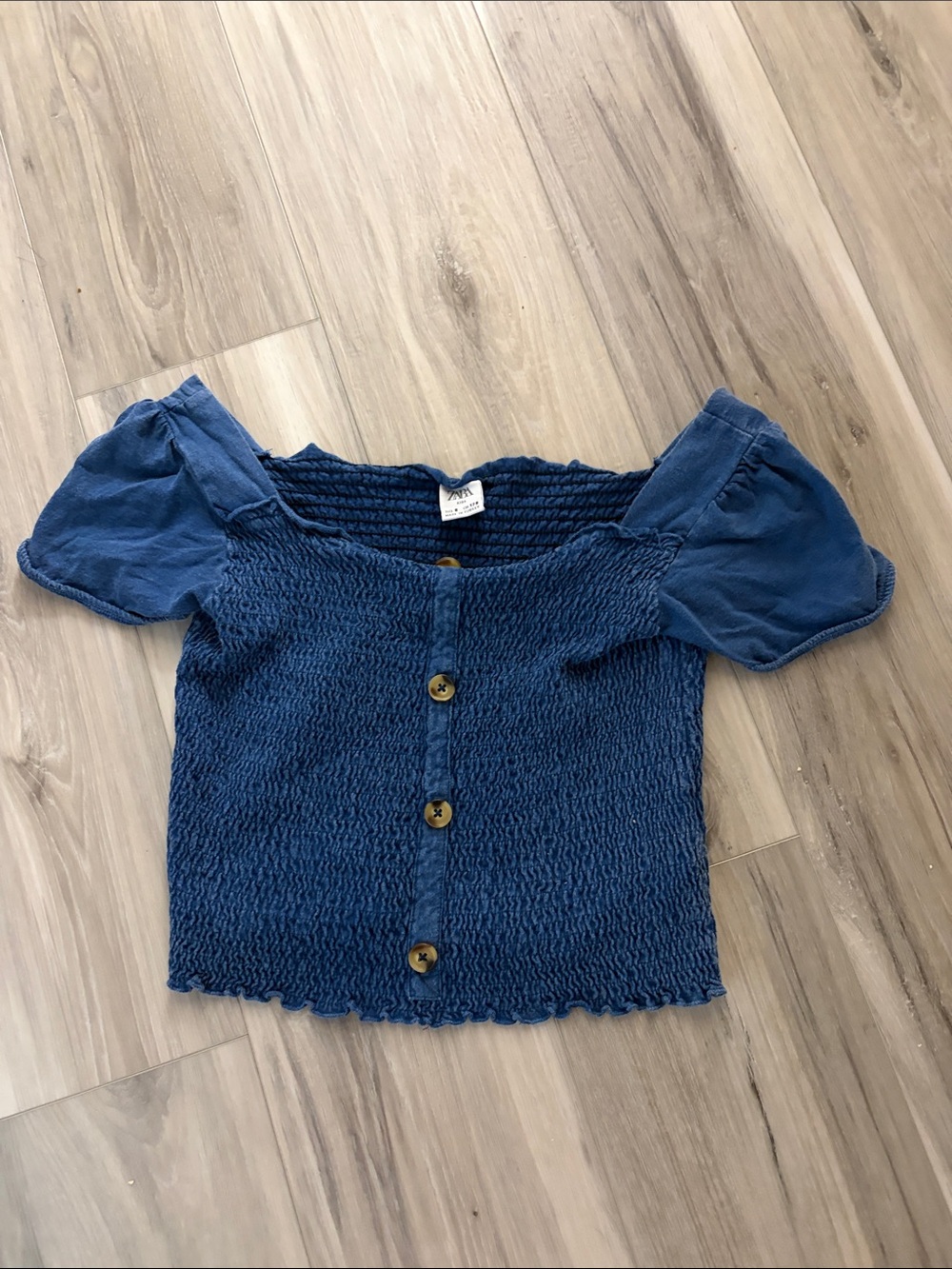 Girls Zara Navy Blue Smocked Button-Front Top